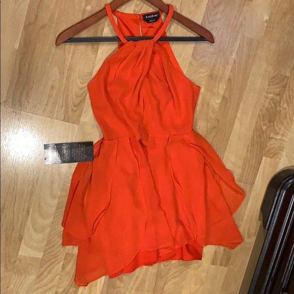 Bebe Tulip Skirt Keyhole Dress in Orange/Coral - Picture 2 of 6